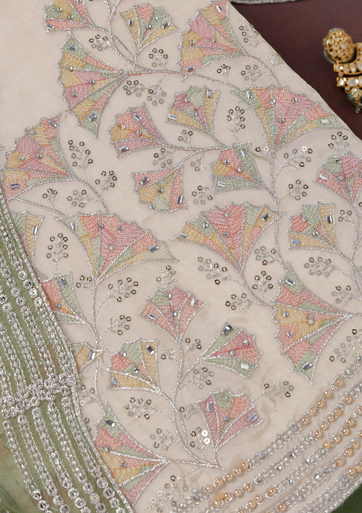 Beige Zariwork (Silver) Organza Unstitched Salwar Suit