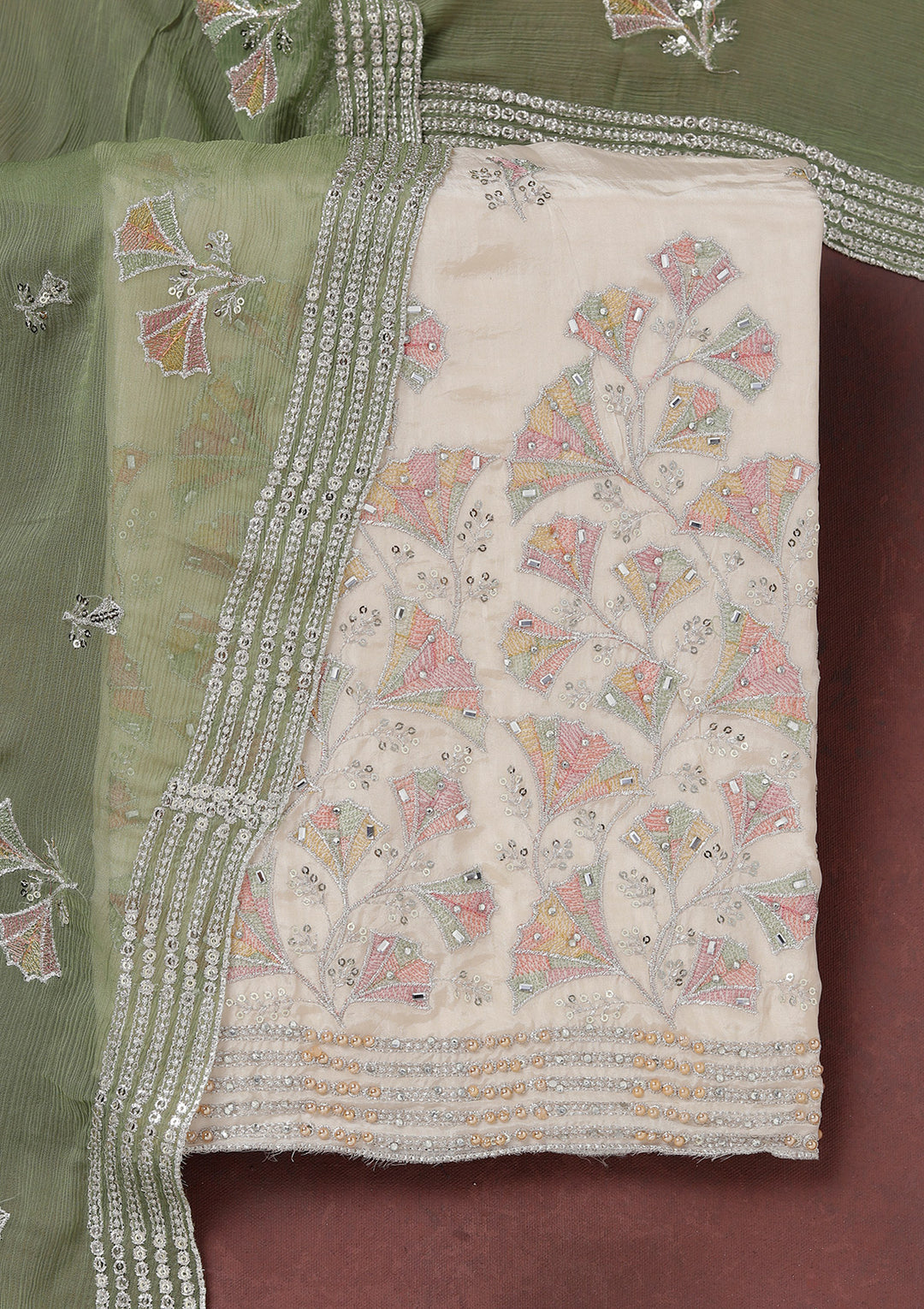 Beige Zariwork (Silver) Organza Unstitched Salwar Suit