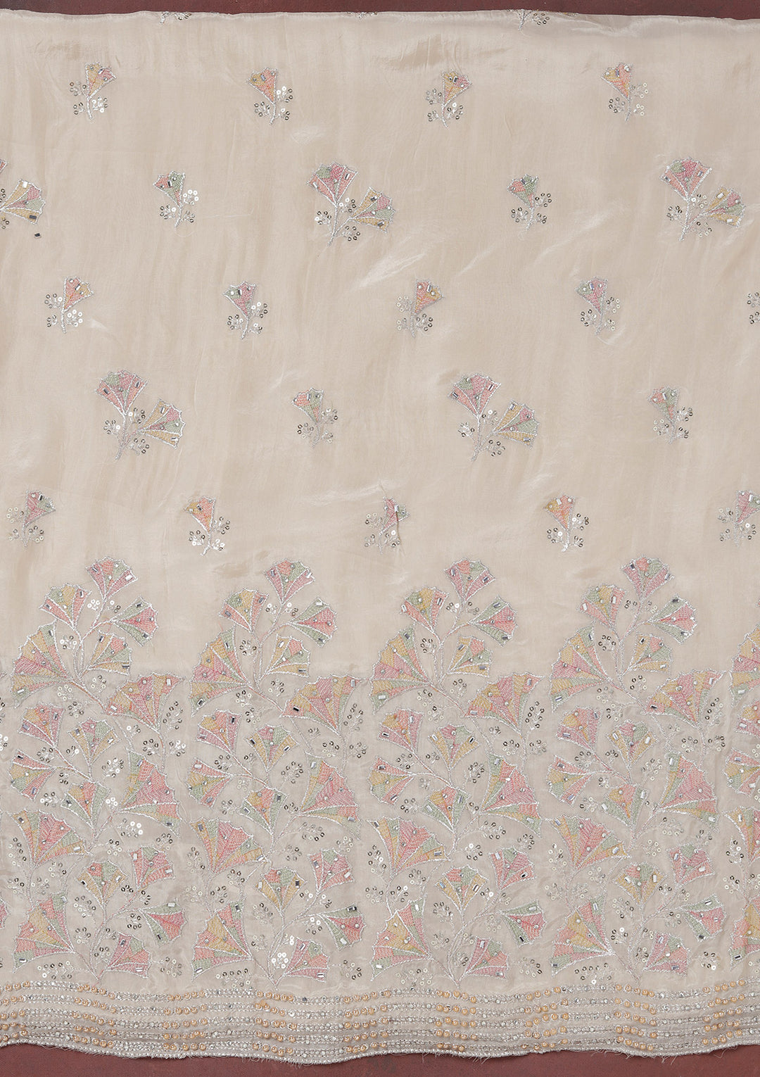 Beige Zariwork (Silver) Organza Unstitched Salwar Suit