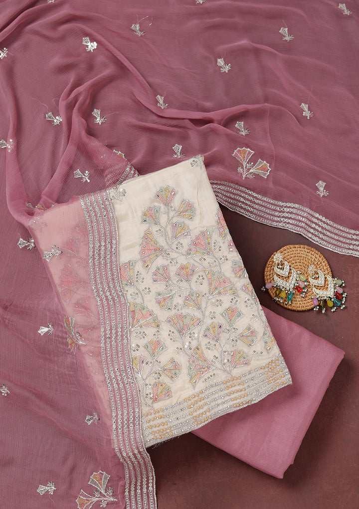 Beige Zariwork (Silver) Organza Unstitched Salwar Suit