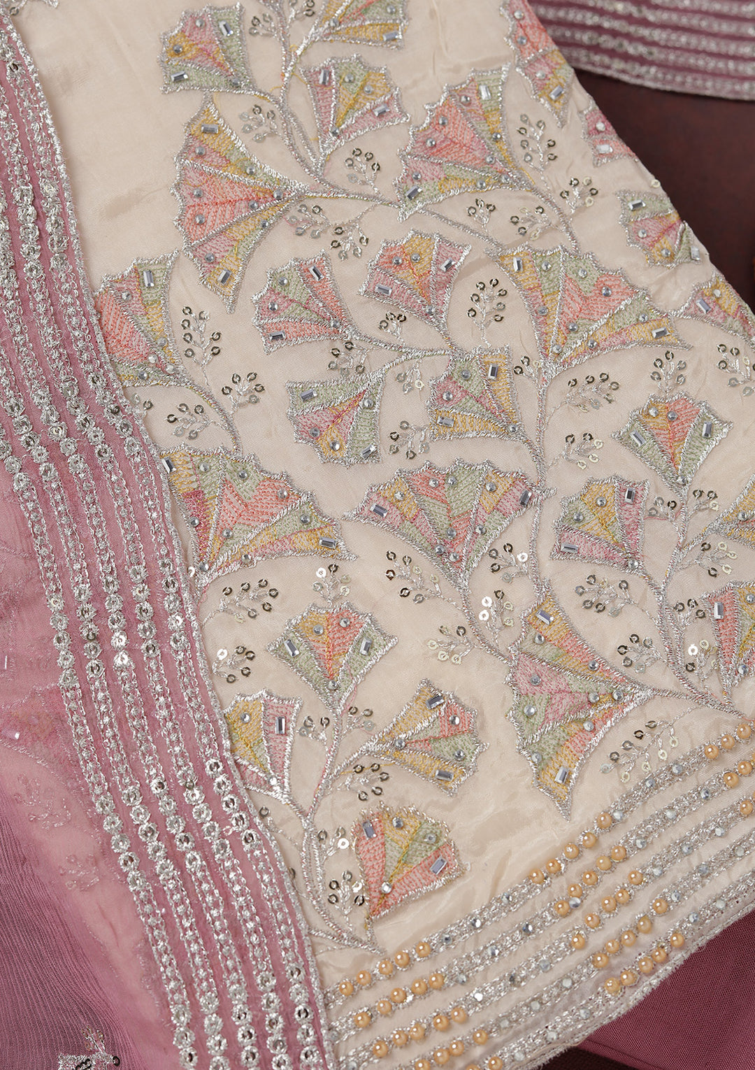 Beige Zariwork (Silver) Organza Unstitched Salwar Suit