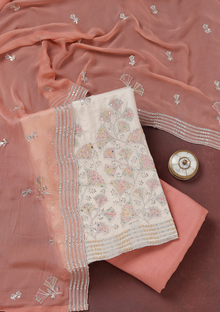 Beige Zariwork (Silver) Organza Unstitched Salwar Suit