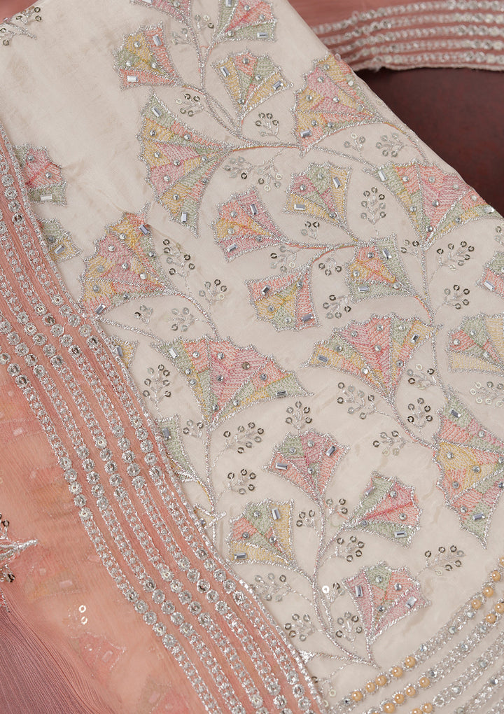 Beige Zariwork (Silver) Organza Unstitched Salwar Suit