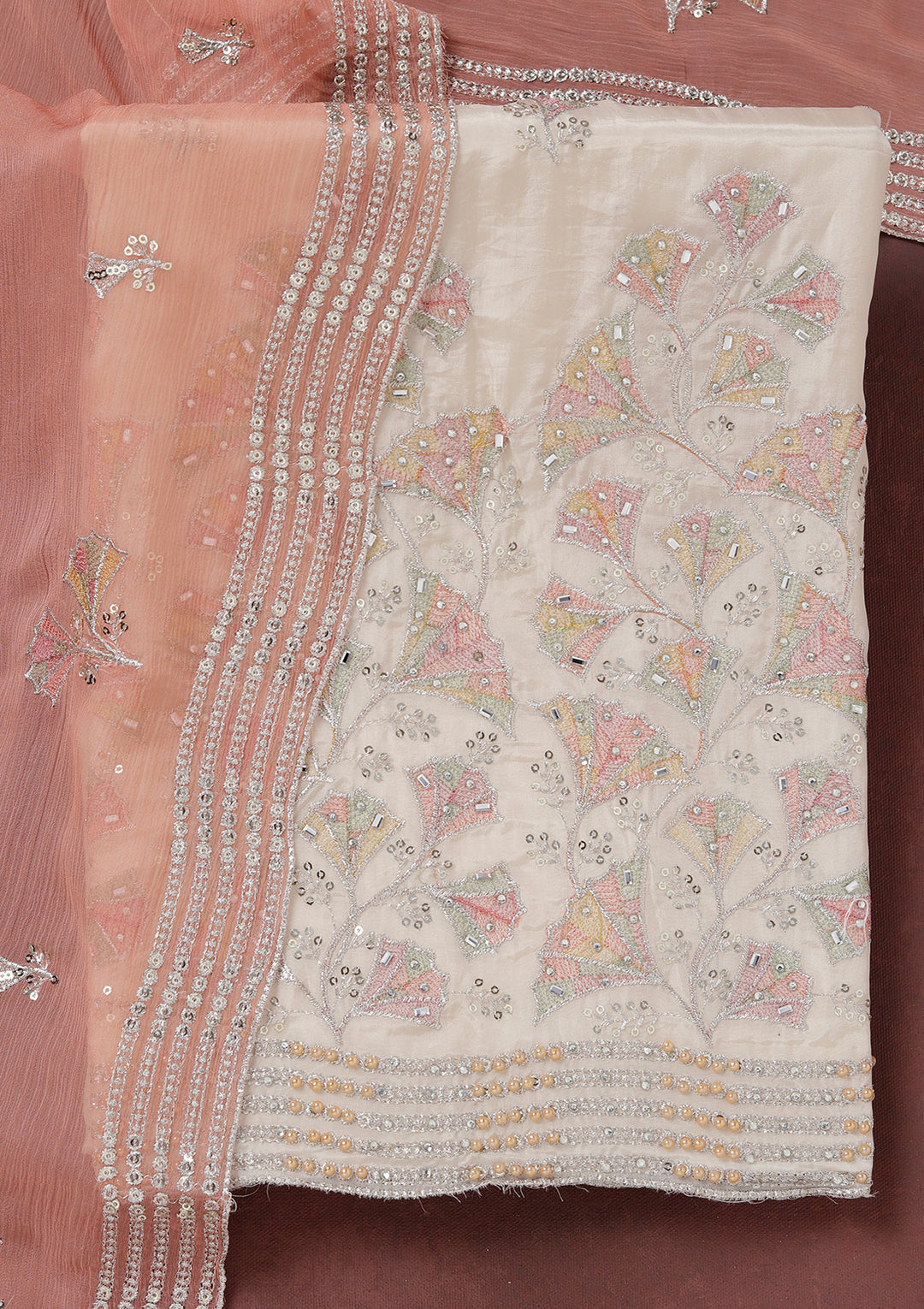 Beige Zariwork (Silver) Organza Unstitched Salwar Suit