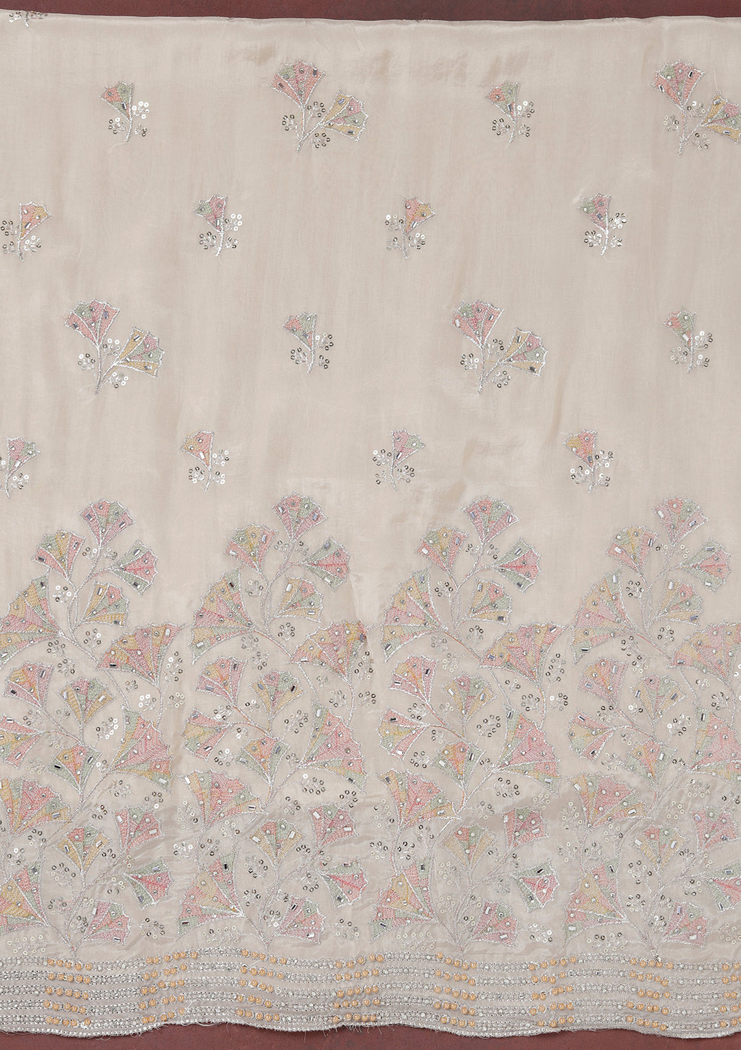 Beige Zariwork (Silver) Organza Unstitched Salwar Suit