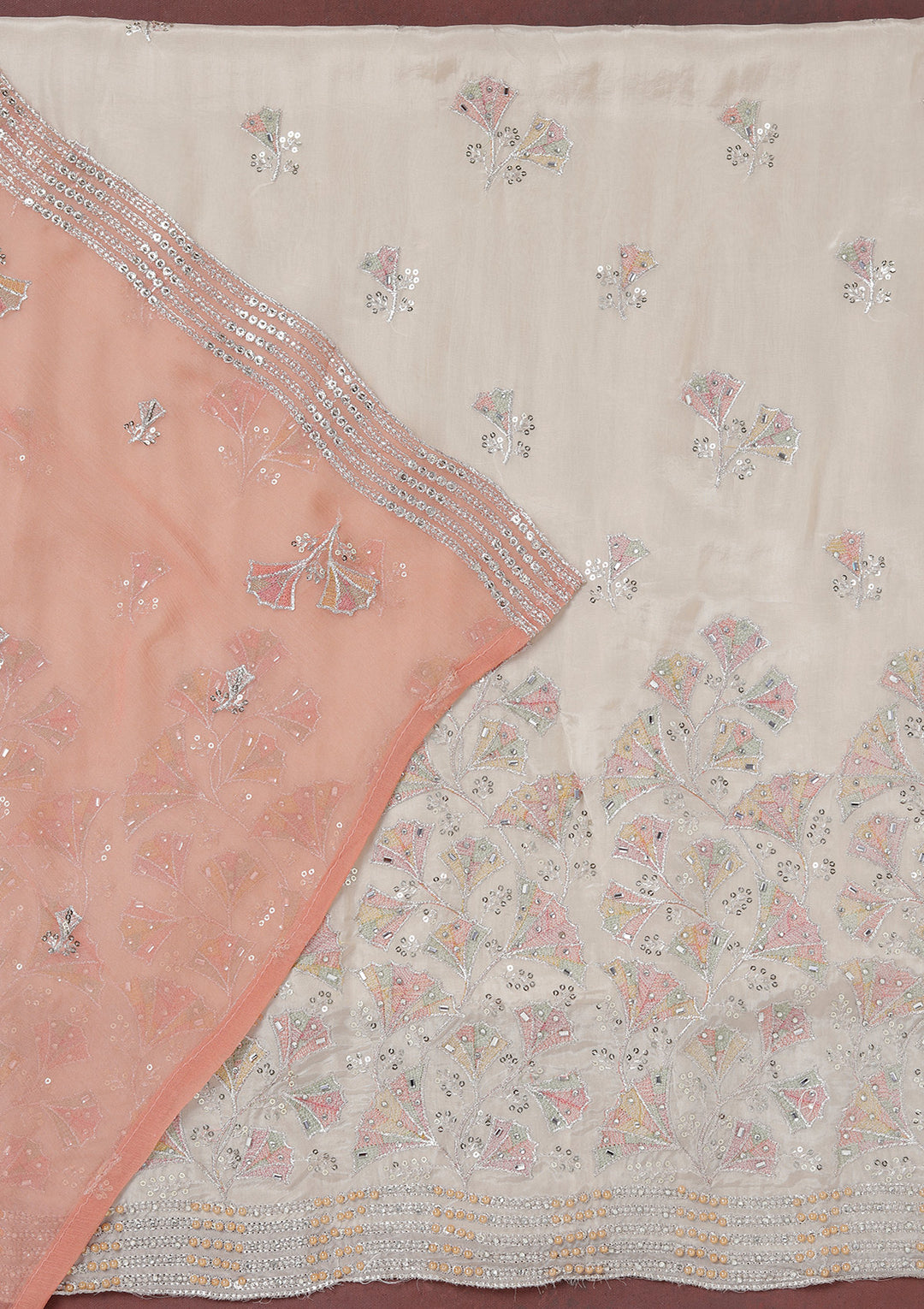 Beige Zariwork (Silver) Organza Unstitched Salwar Suit