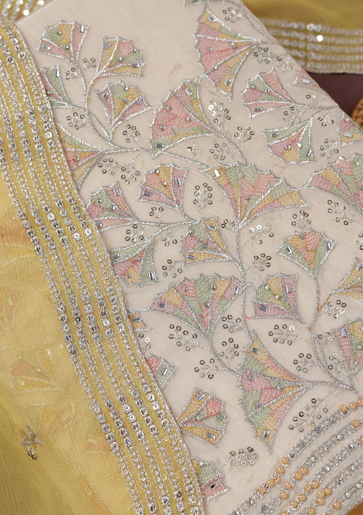Beige Zariwork (Silver) Organza Unstitched Salwar Suit