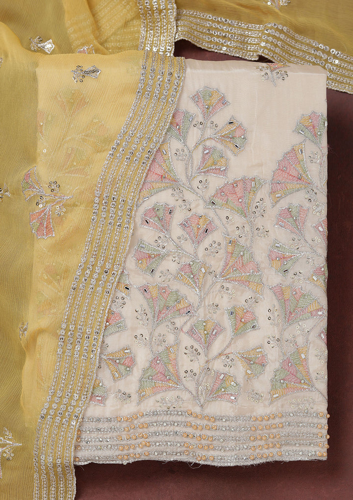 Beige Zariwork (Silver) Organza Unstitched Salwar Suit