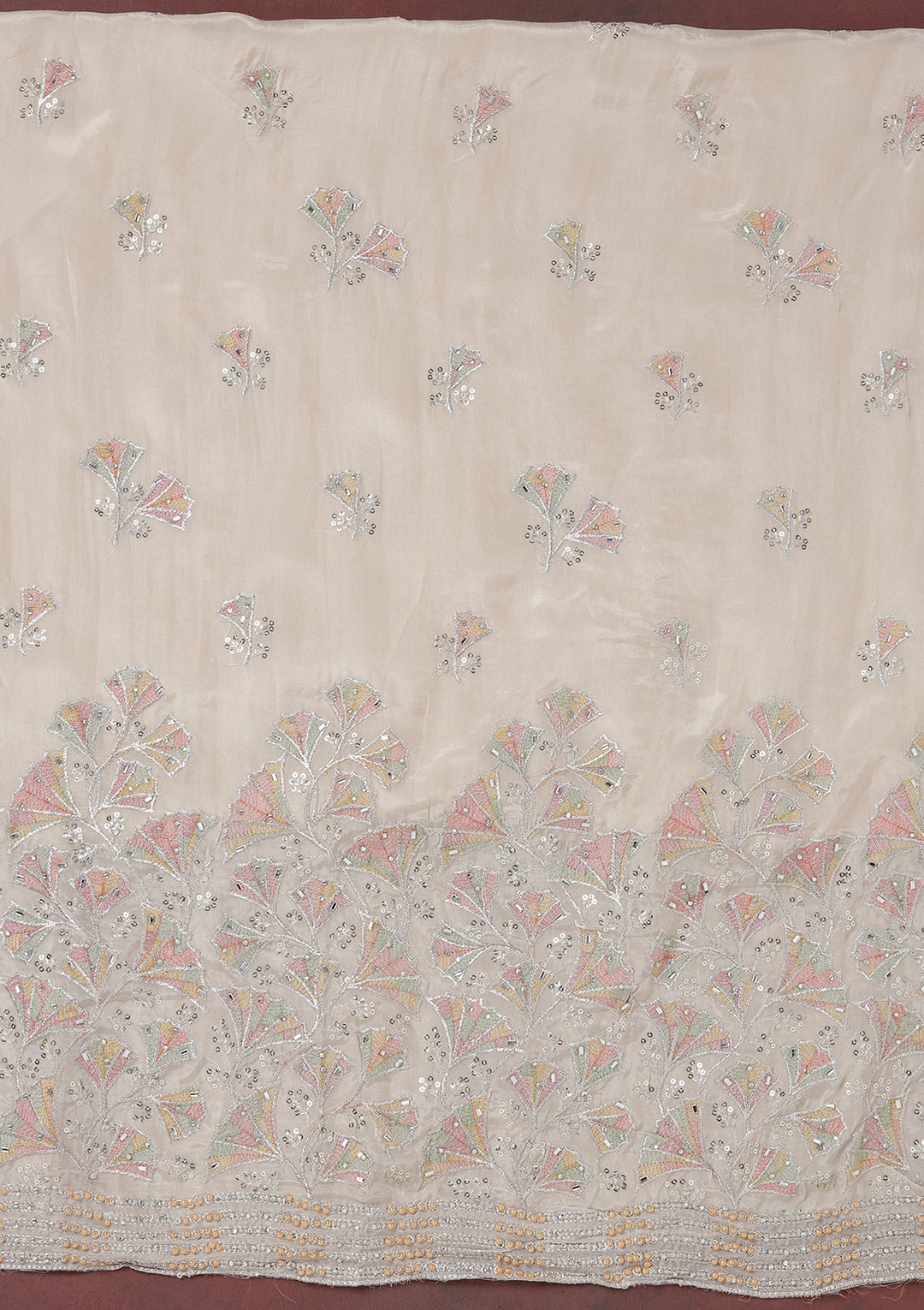 Beige Zariwork (Silver) Organza Unstitched Salwar Suit