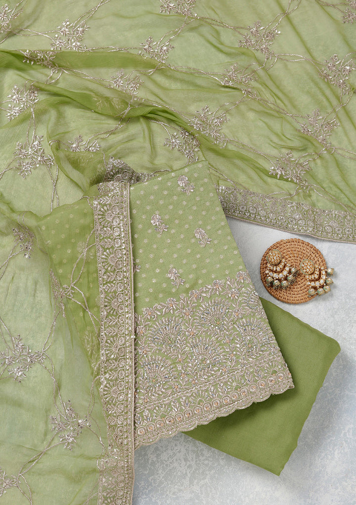 Parrot Green Zariwork (Gold) Chinon Unstitched Salwar Suit