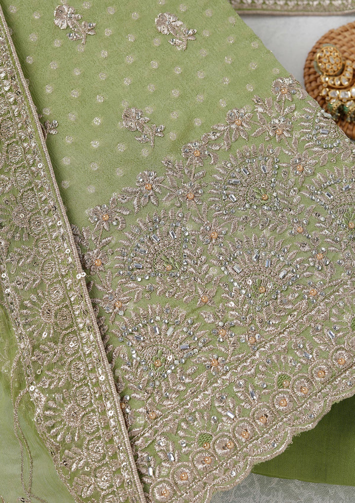 Parrot Green Zariwork (Gold) Chinon Unstitched Salwar Suit