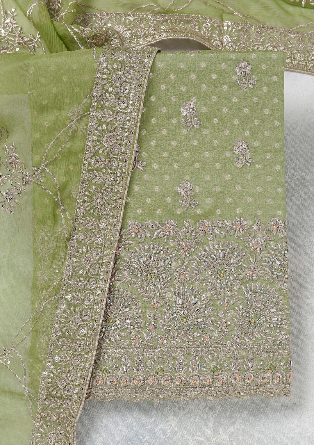 Parrot Green Zariwork (Gold) Chinon Unstitched Salwar Suit