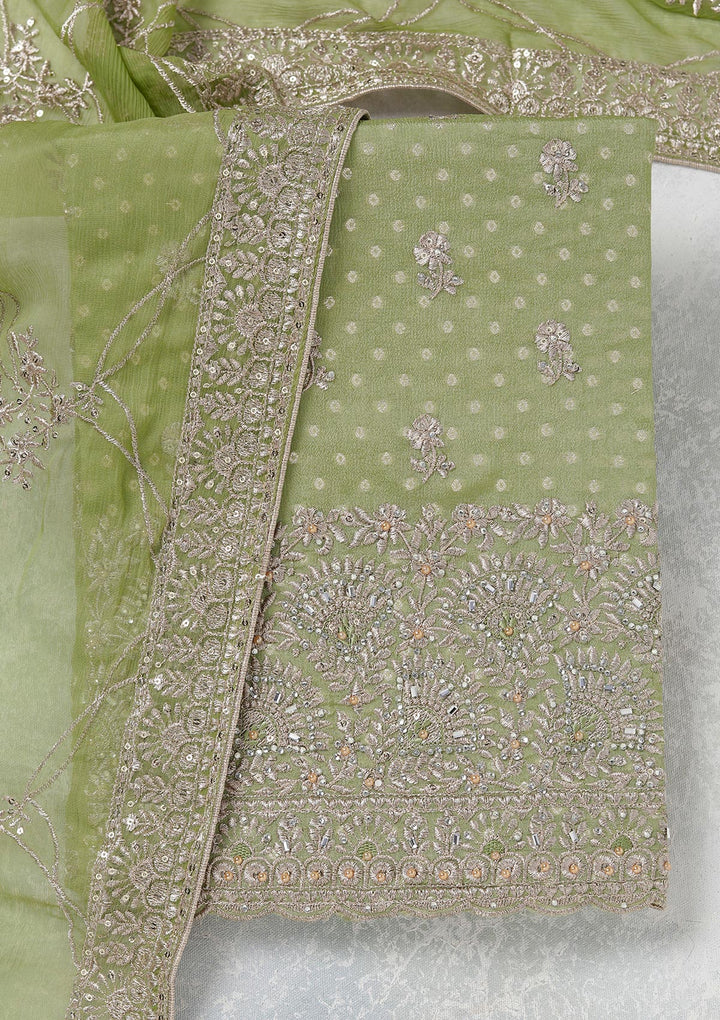 Parrot Green Zariwork (Gold) Chinon Unstitched Salwar Suit