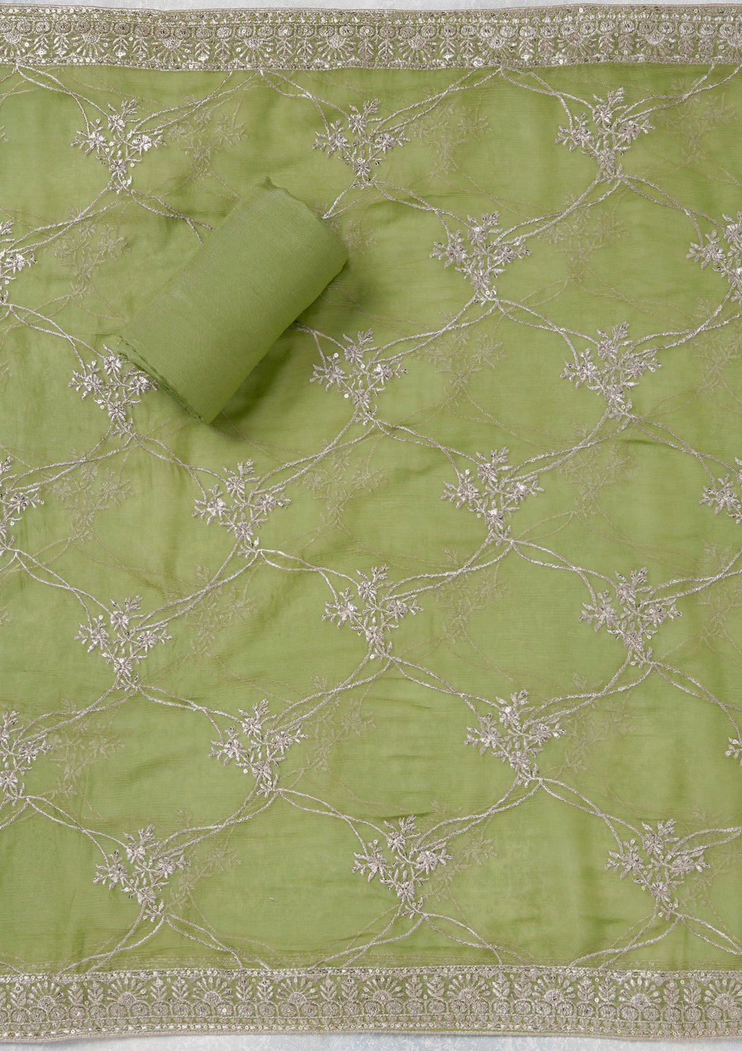 Parrot Green Zariwork (Gold) Chinon Unstitched Salwar Suit