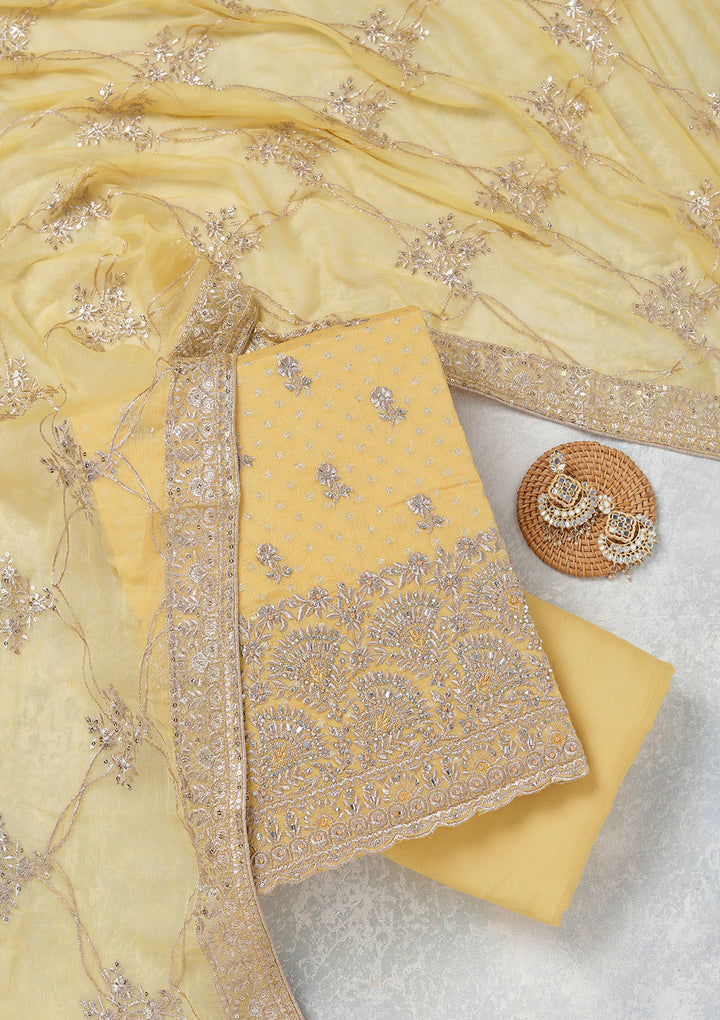 Yellow Zariwork (Gold) Chinon Unstitched Salwar Suit