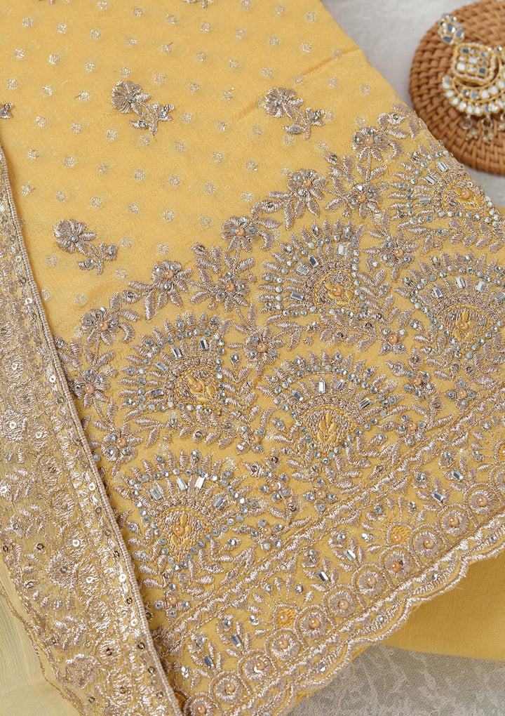 Yellow Zariwork (Gold) Chinon Unstitched Salwar Suit