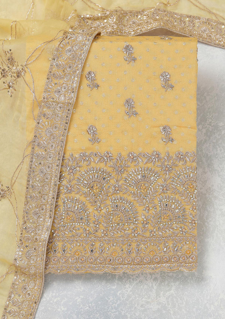 Yellow Zariwork (Gold) Chinon Unstitched Salwar Suit