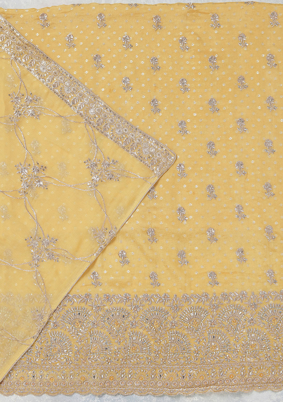 Yellow Zariwork (Gold) Chinon Unstitched Salwar Suit