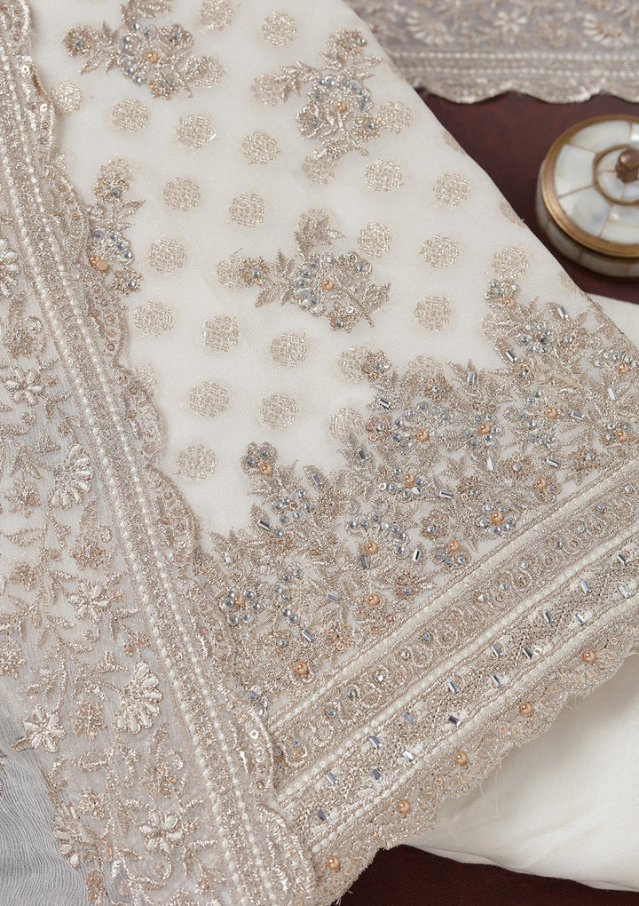 Cream Zariwork (Gold) Chinon Unstitched Salwar Suit