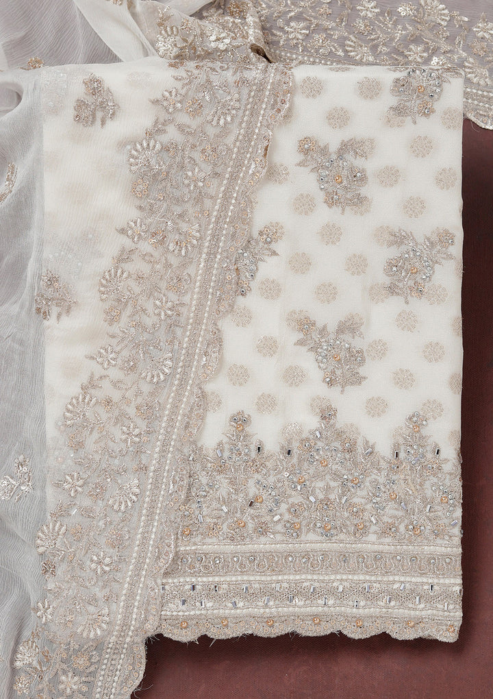 Cream Zariwork (Gold) Chinon Unstitched Salwar Suit