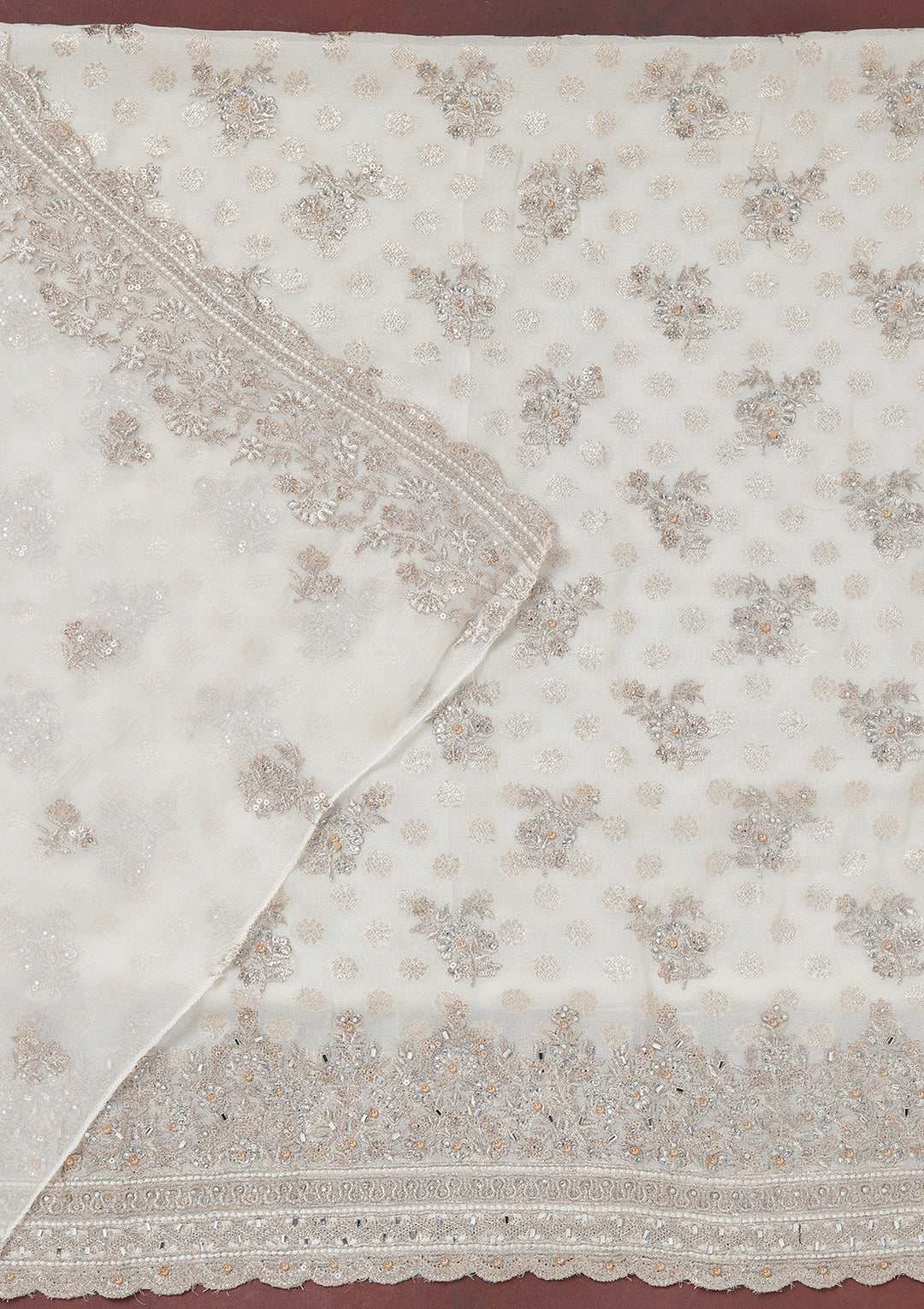 Cream Zariwork (Gold) Chinon Unstitched Salwar Suit