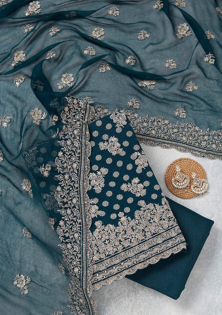 Peacock Blue Zariwork (Gold) Chinon Unstitched Salwar Suit