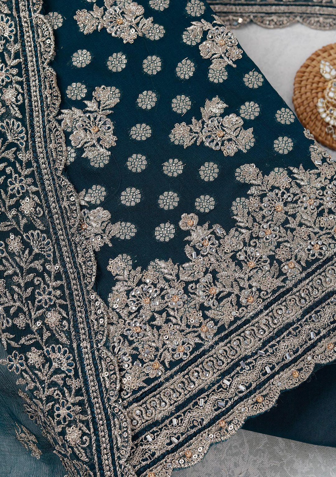 Peacock Blue Zariwork (Gold) Chinon Unstitched Salwar Suit