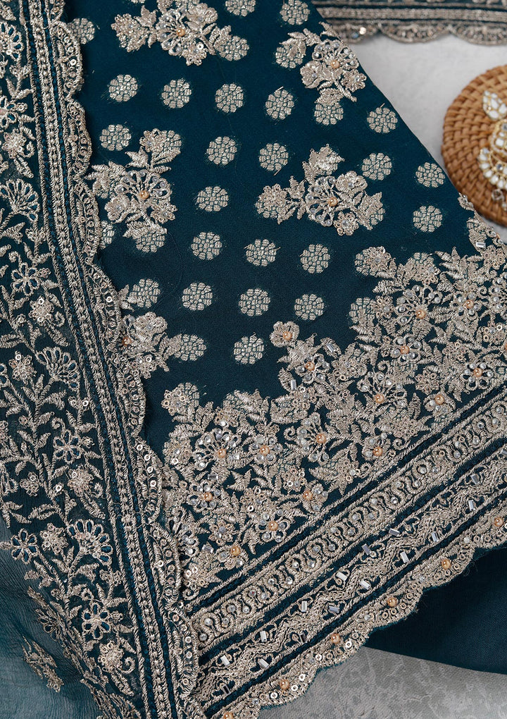 Peacock Blue Zariwork (Gold) Chinon Unstitched Salwar Suit