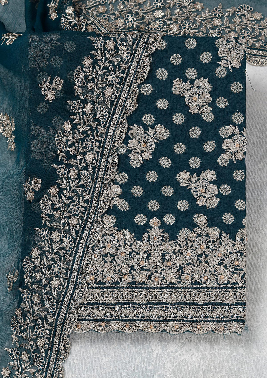 Peacock Blue Zariwork (Gold) Chinon Unstitched Salwar Suit