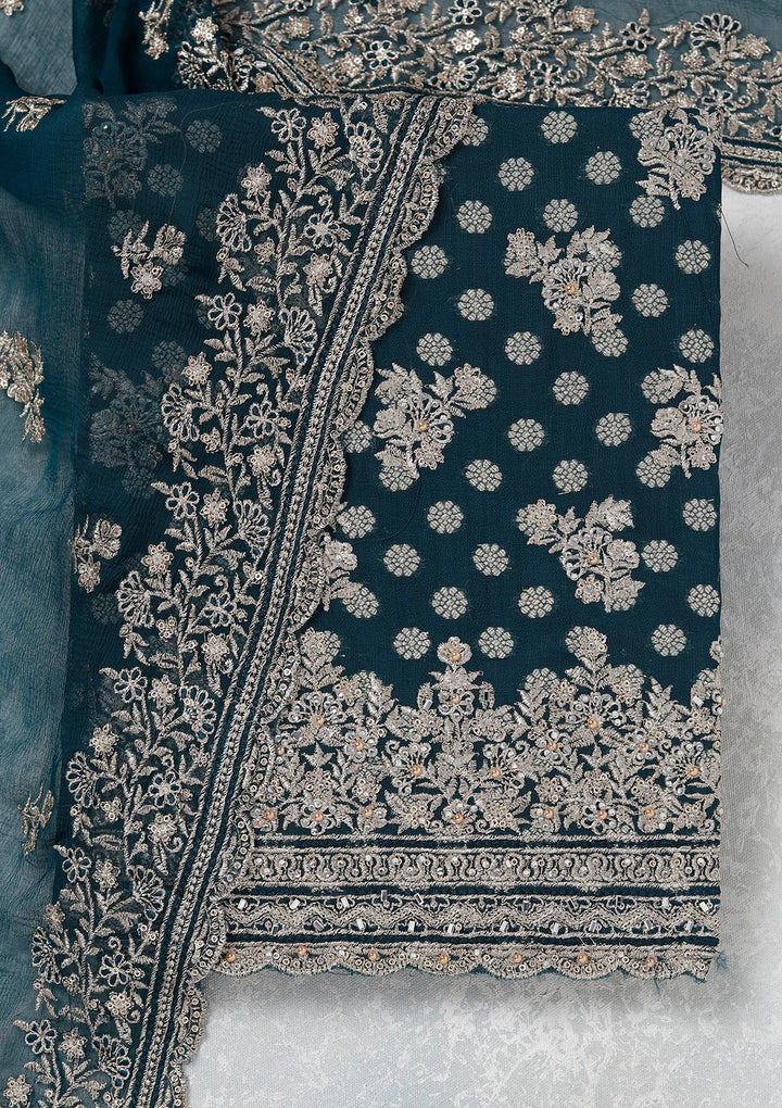 Peacock Blue Zariwork (Gold) Chinon Unstitched Salwar Suit