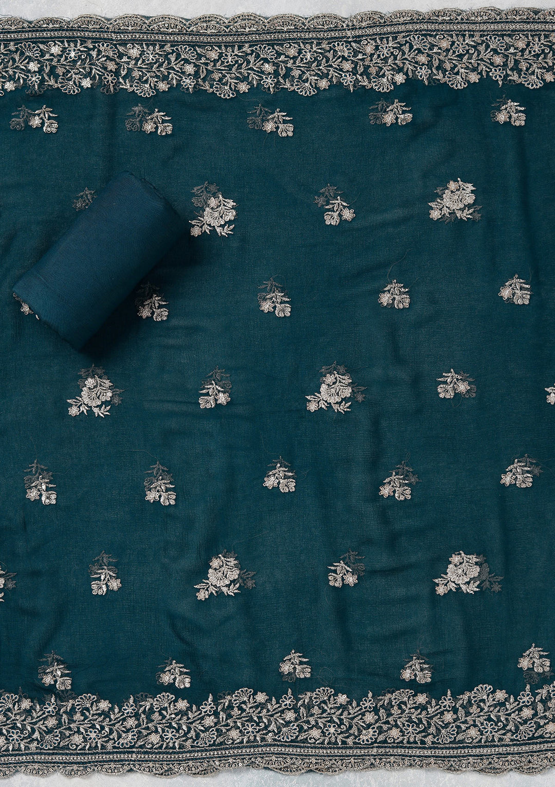 Peacock Blue Zariwork (Gold) Chinon Unstitched Salwar Suit