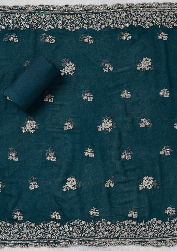 Peacock Blue Zariwork (Gold) Chinon Unstitched Salwar Suit