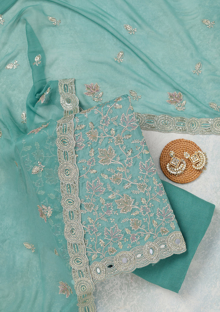 Blue Mirrorwork Organza Unstitched Salwar Suit