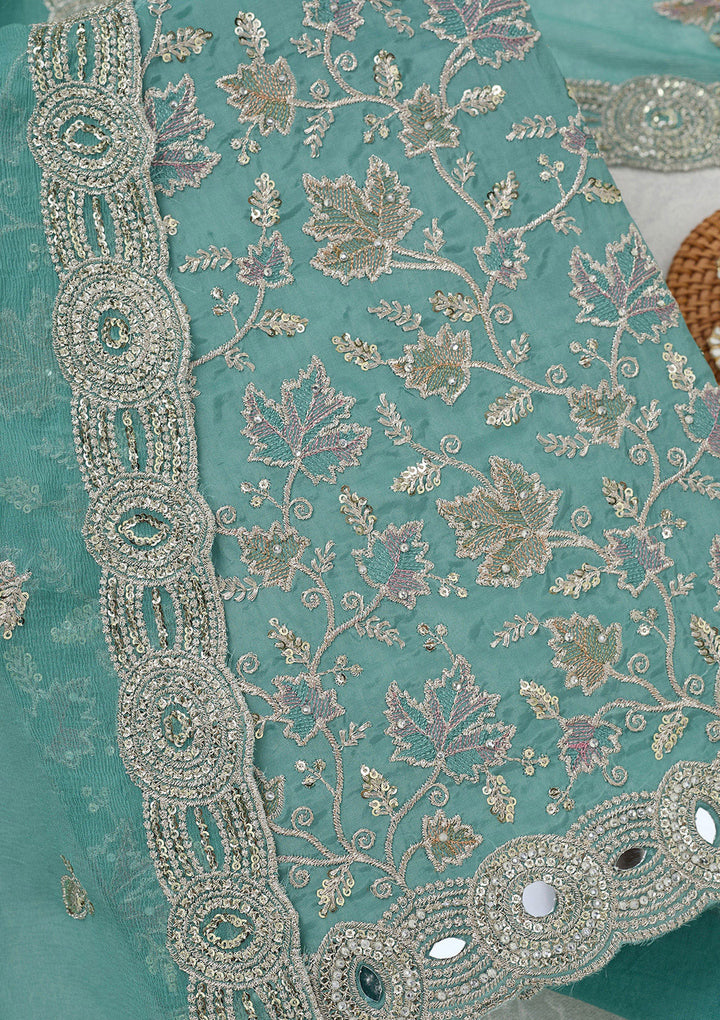 Blue Mirrorwork Organza Unstitched Salwar Suit