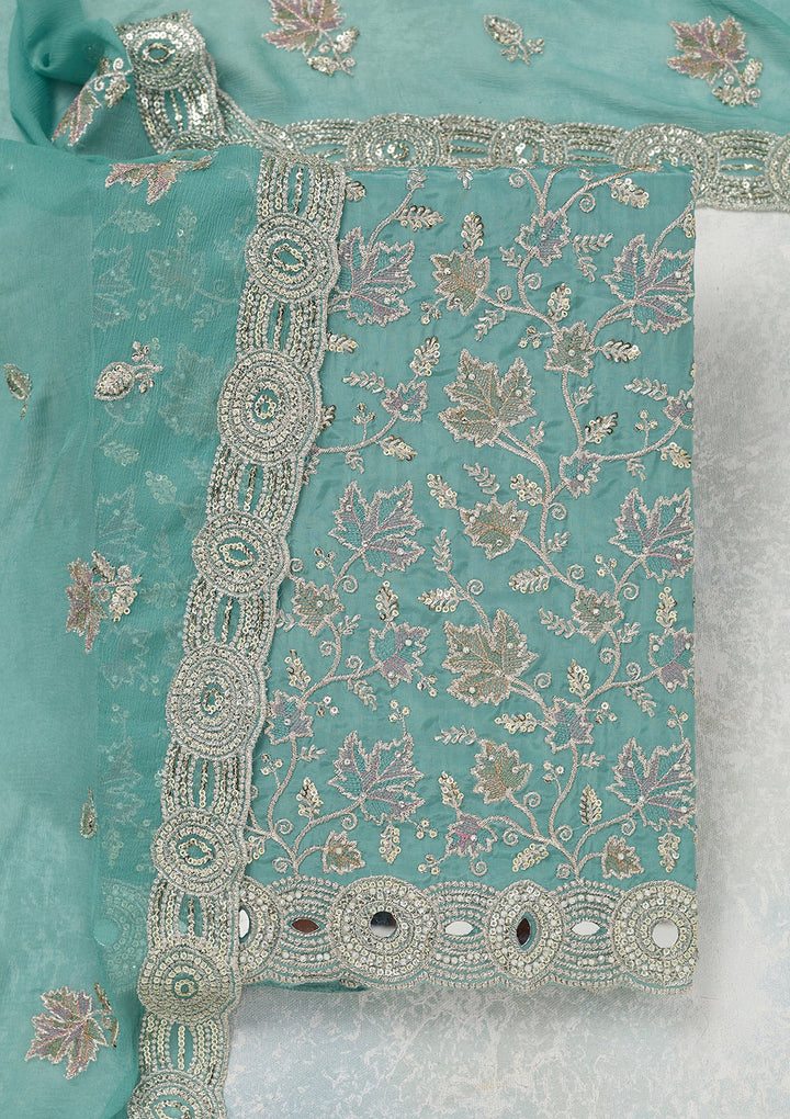 Blue Mirrorwork Organza Unstitched Salwar Suit