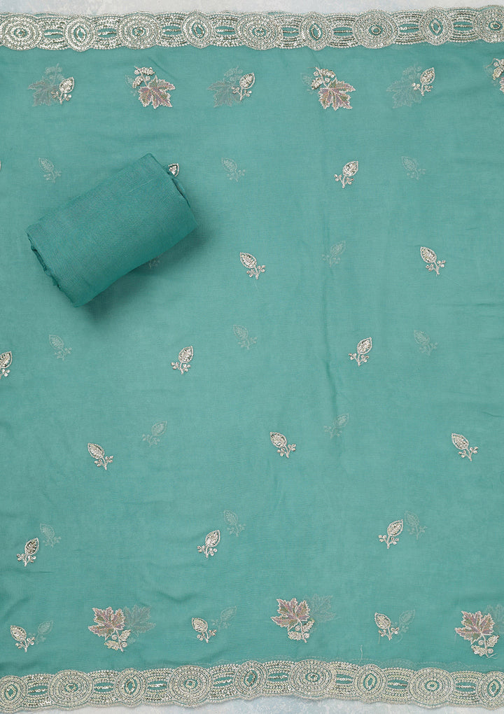 Blue Mirrorwork Organza Unstitched Salwar Suit