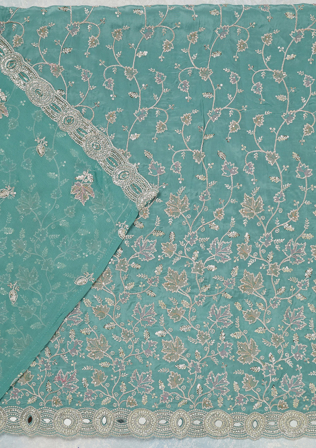 Blue Mirrorwork Organza Unstitched Salwar Suit