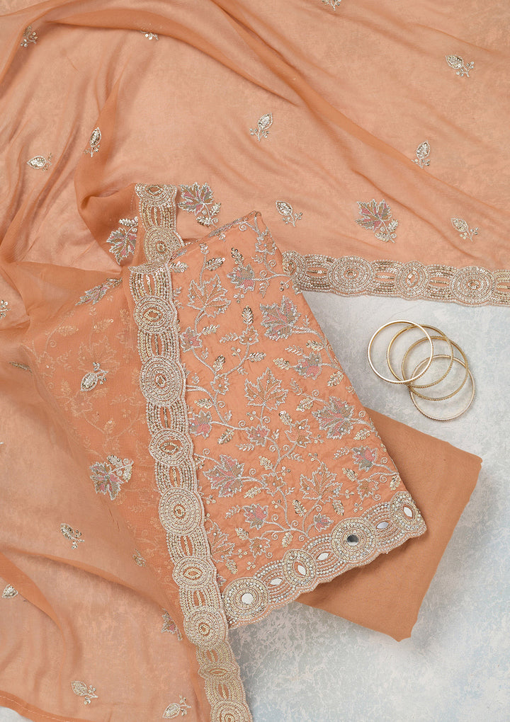 Light Brown Mirrorwork Organza Unstitched Salwar Suit