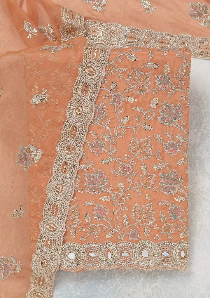Light Brown Mirrorwork Organza Unstitched Salwar Suit