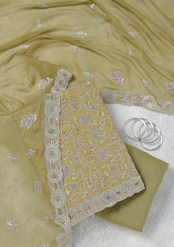 Mehendi Mirrorwork Organza Unstitched Salwar Suit
