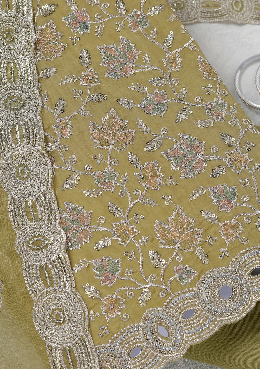 Mehendi Mirrorwork Organza Unstitched Salwar Suit