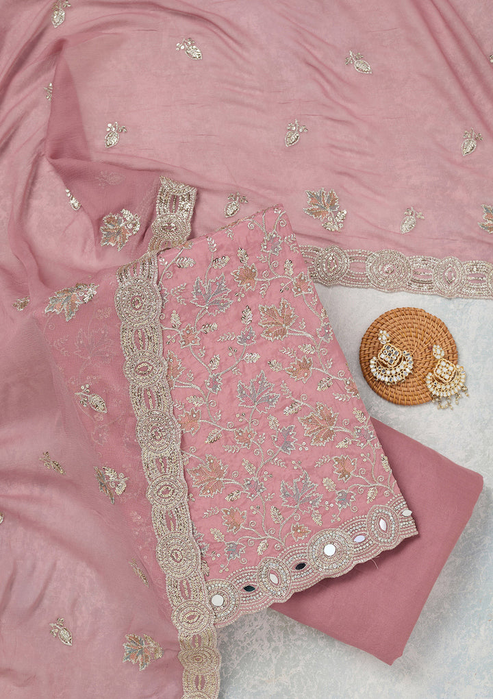 Onion Pink Mirrorwork Organza Unstitched Salwar Suit