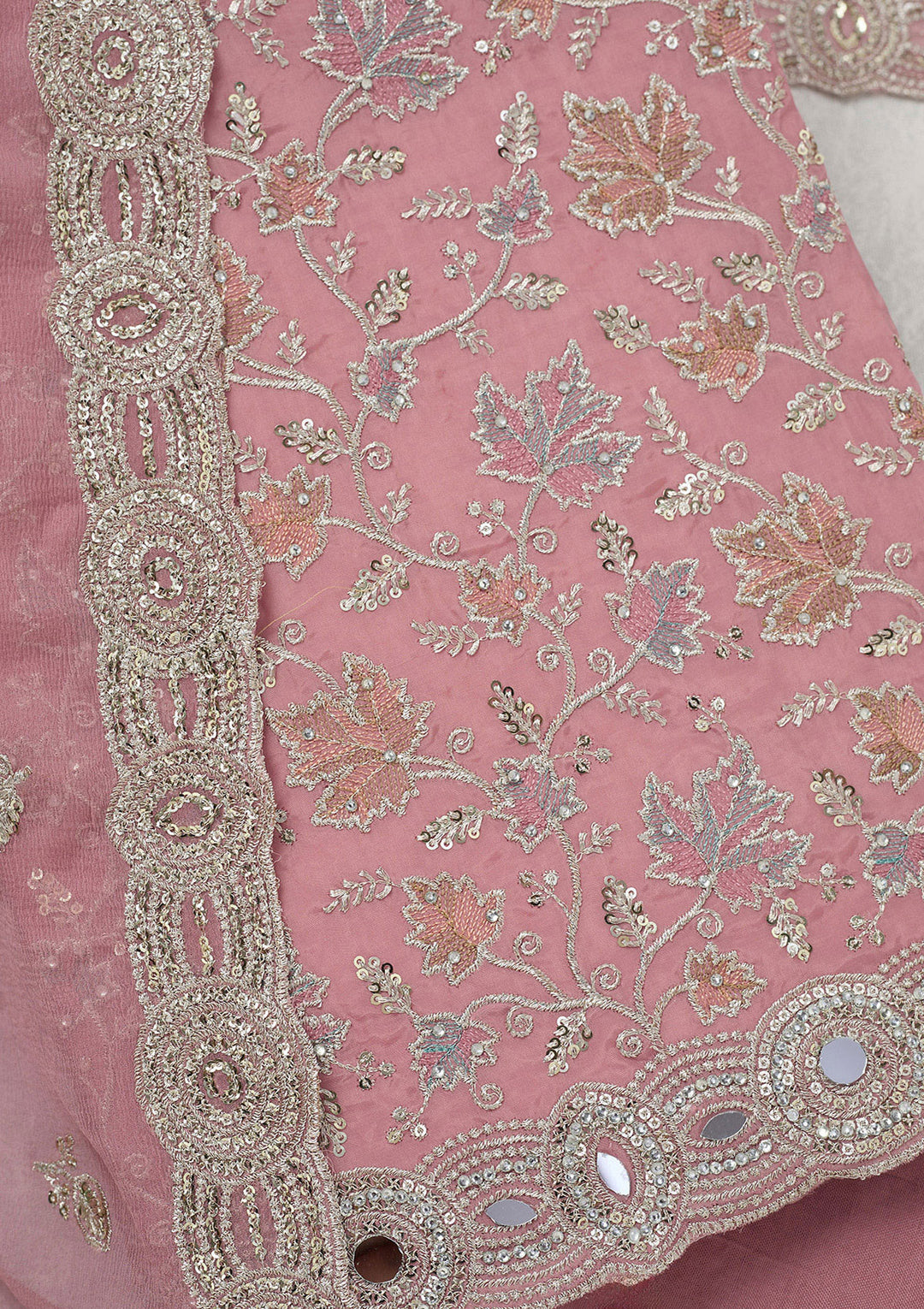 Onion Pink Mirrorwork Organza Unstitched Salwar Suit