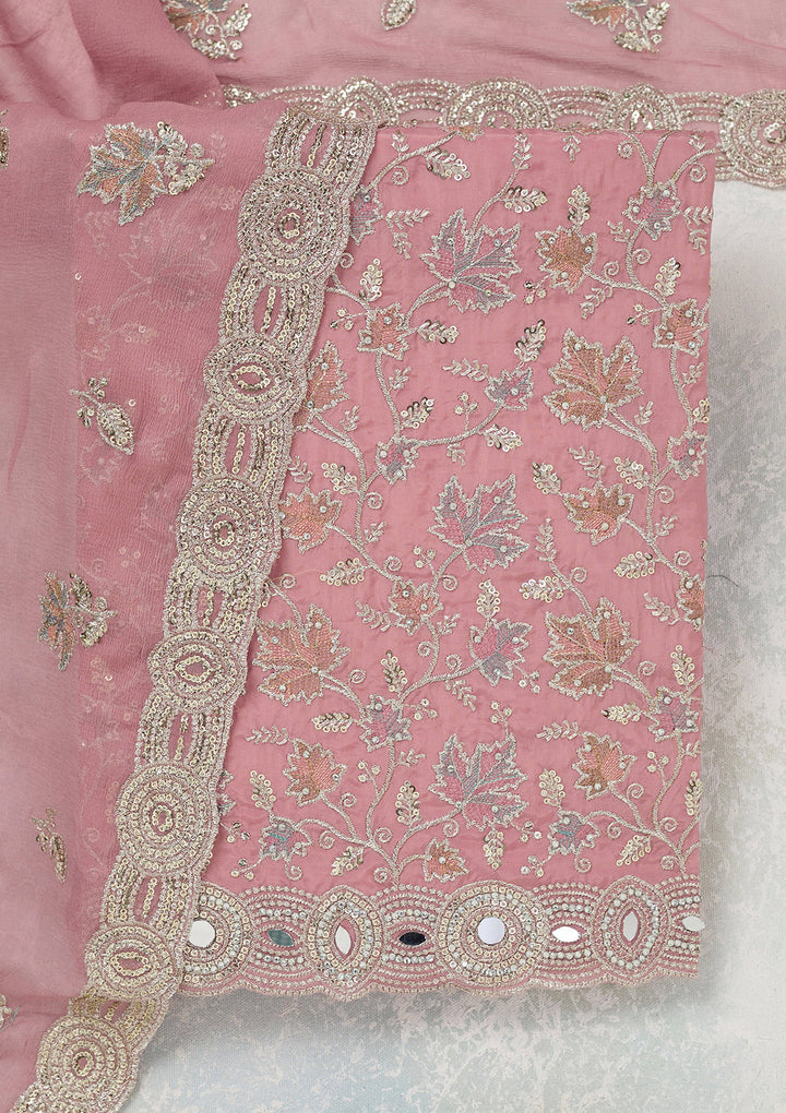 Onion Pink Mirrorwork Organza Unstitched Salwar Suit