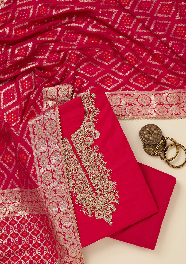 Rani Pink Zariwork (Gold) Chanderi Unstitched Salwar Suit