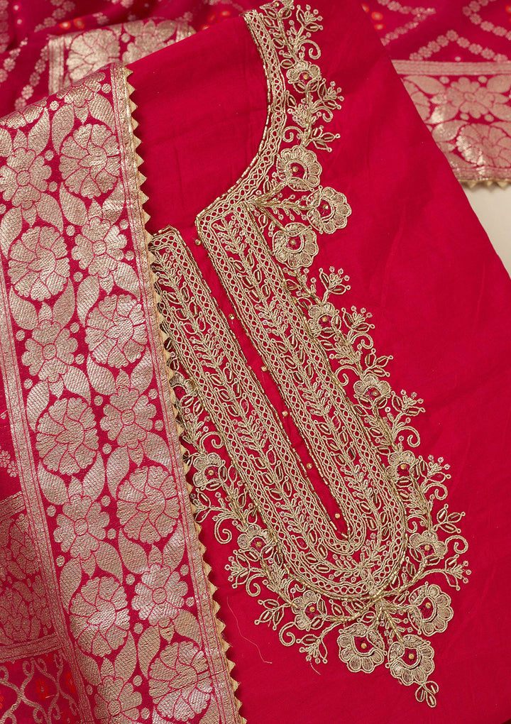 Rani Pink Zariwork (Gold) Chanderi Unstitched Salwar Suit