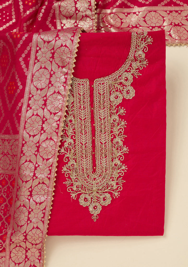 Rani Pink Zariwork (Gold) Chanderi Unstitched Salwar Suit