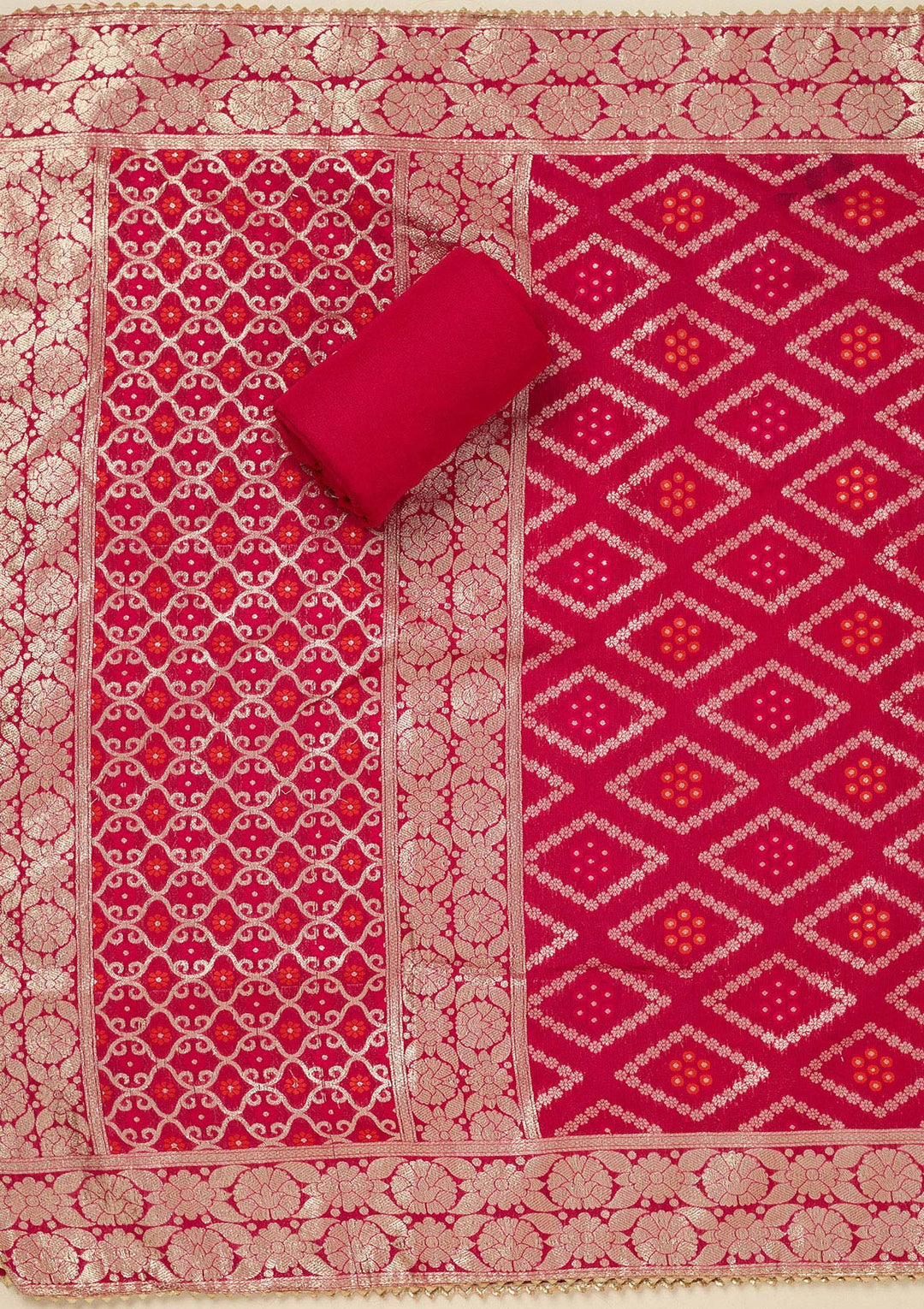 Rani Pink Zariwork (Gold) Chanderi Unstitched Salwar Suit