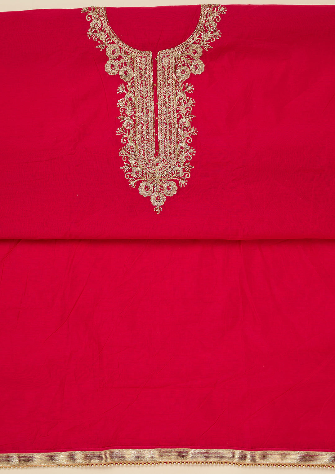 Rani Pink Zariwork (Gold) Chanderi Unstitched Salwar Suit
