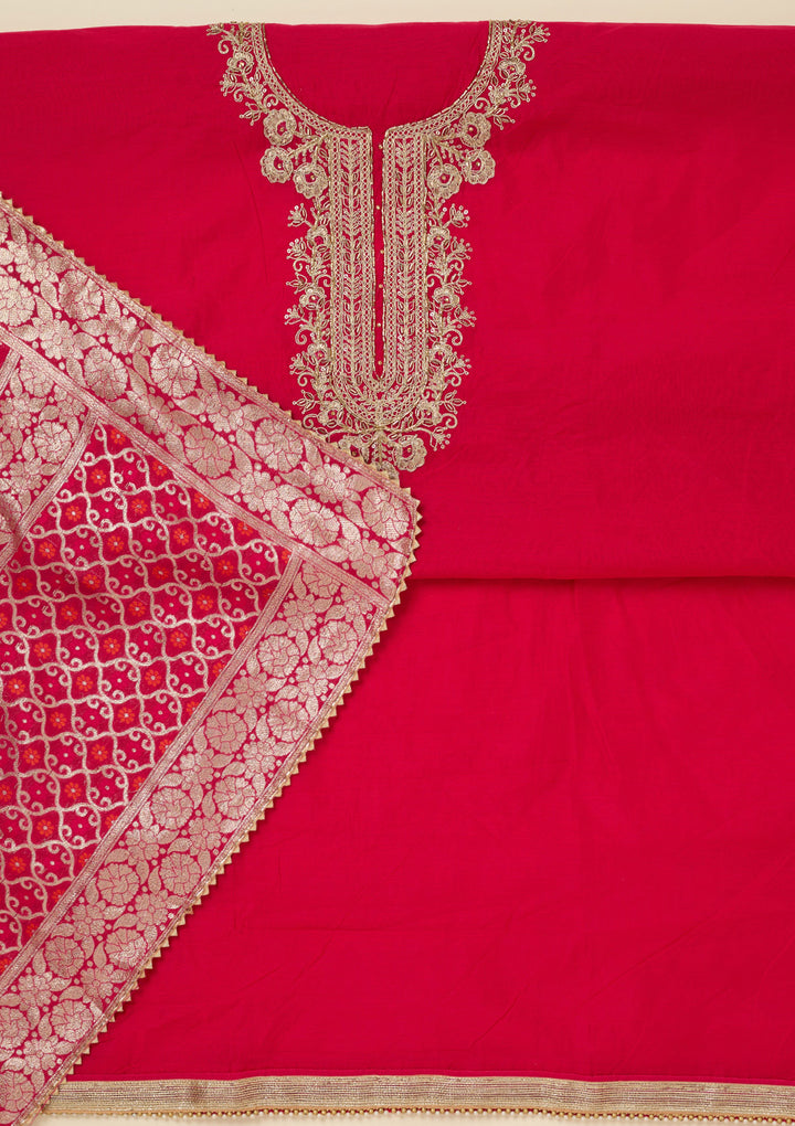 Rani Pink Zariwork (Gold) Chanderi Unstitched Salwar Suit